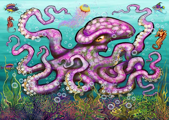 Octopus Greeting Card featuring the digital art Undersea Garden Party by Kevin Middleton