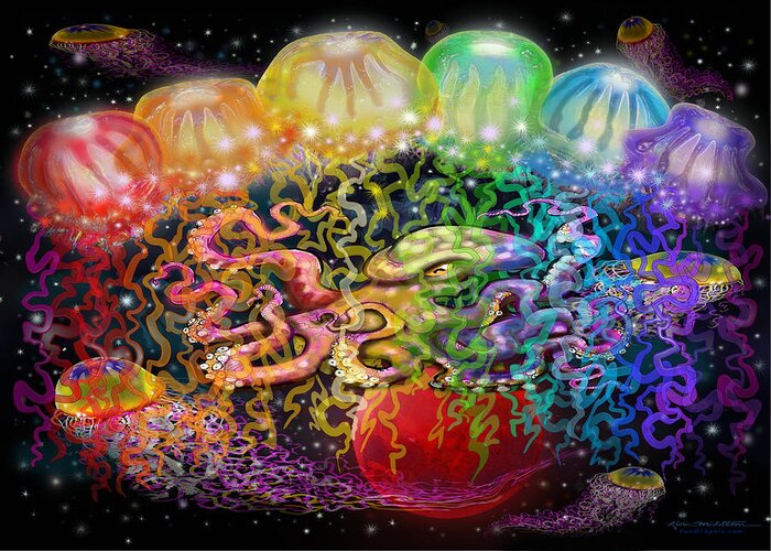 Space Greeting Card featuring the digital art Outer Space Rainbow Alien Tentacles by Kevin Middleton