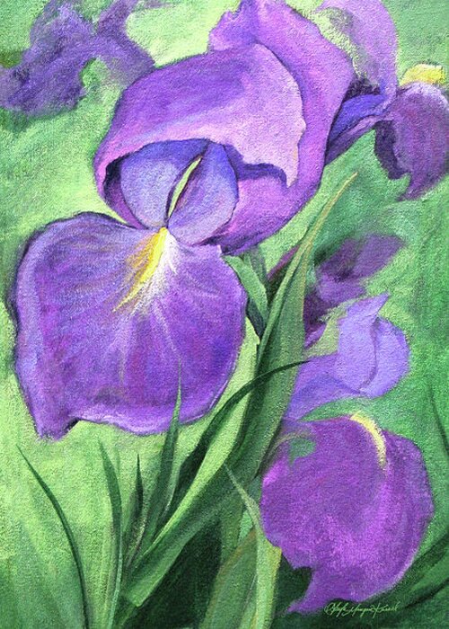 Purple Irises Greeting Card featuring the painting Hello Spring by Gayle Mangan Kassal