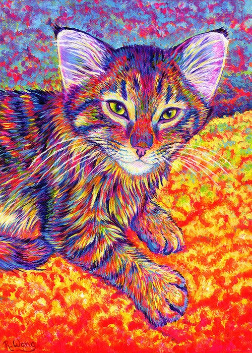 Cat Greeting Card featuring the painting Colorful Maine Coon Kitten by Rebecca Wang