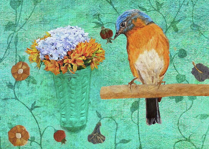Bluebird Greeting Card featuring the painting Wrapped In Flowers by Angeles M Pomata