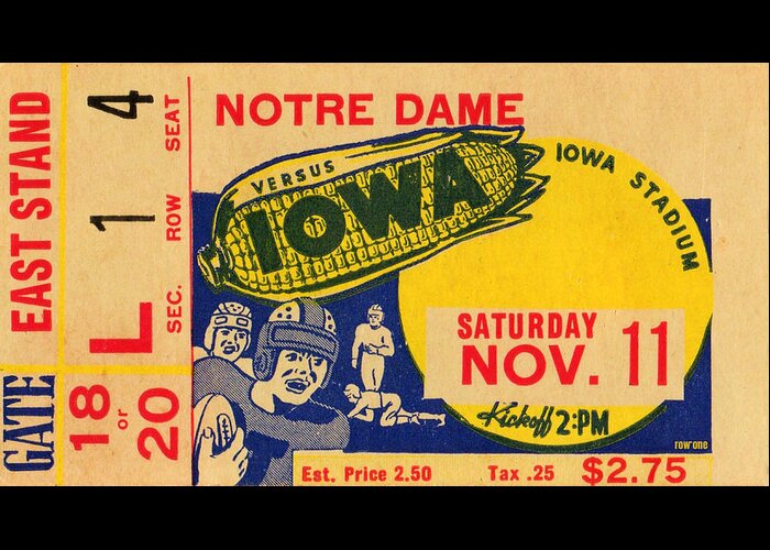 Iowa Greeting Card featuring the mixed media 1939 Notre Dame vs. Iowa by Row One Brand
