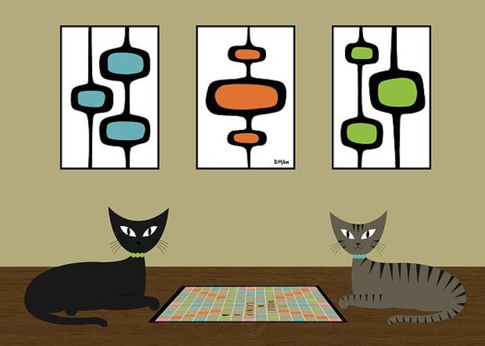 Mid Century Modern Greeting Card featuring the digital art Mid Century Scrabble Cats by Donna Mibus