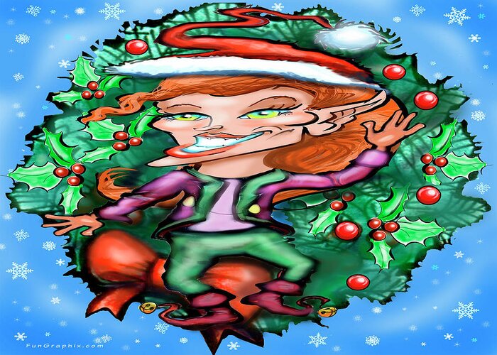 Christmas Greeting Card featuring the digital art Christmas Elf with Wreath by Kevin Middleton