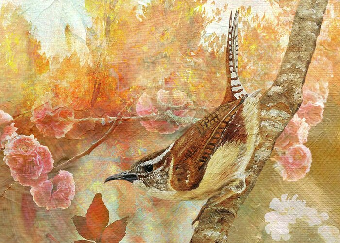 Wren Greeting Card featuring the painting Sweet Autumn Carolina Wren by Angeles M Pomata
