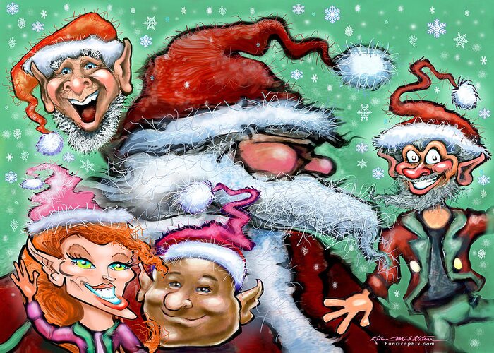Santa Greeting Card featuring the digital art Santa and his Elves by Kevin Middleton