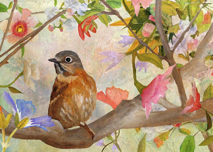 Bluebird Greeting Card featuring the painting Bluebird On A Blossoming Branch by Angeles M Pomata
