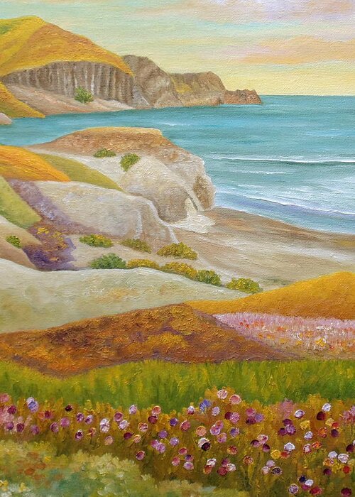Wild Flowers Greeting Card featuring the painting Prairie By The Sea by Angeles M Pomata