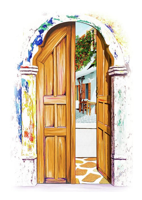 Santorini Greeting Card featuring the painting MYKONOS WALK BEYOND SANTORINI prints of oil paintings by Mary Grden