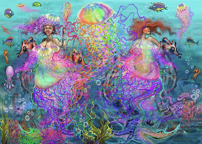Jellyfish Greeting Card featuring the digital art Mermaid Disco Dresses by Kevin Middleton