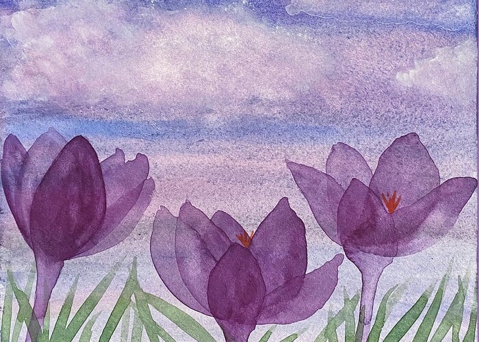 Crocuses Greeting Card featuring the painting Crocuses and Clouds by Lisa Neuman