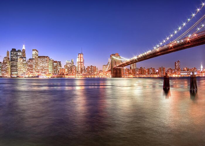 New York Greeting Card featuring the photograph The City Lights of Manhattan - Brooklyn Bridge by Mark E Tisdale