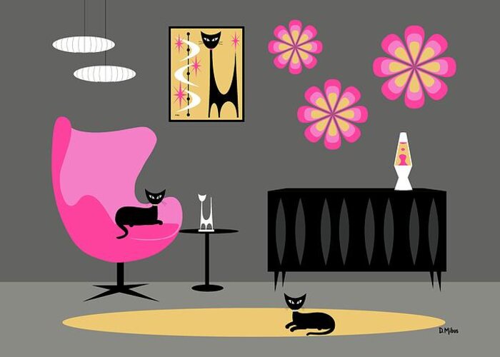 Mid Century Cat Greeting Card featuring the digital art Groovy Pink Yellow and Gray Room by Donna Mibus