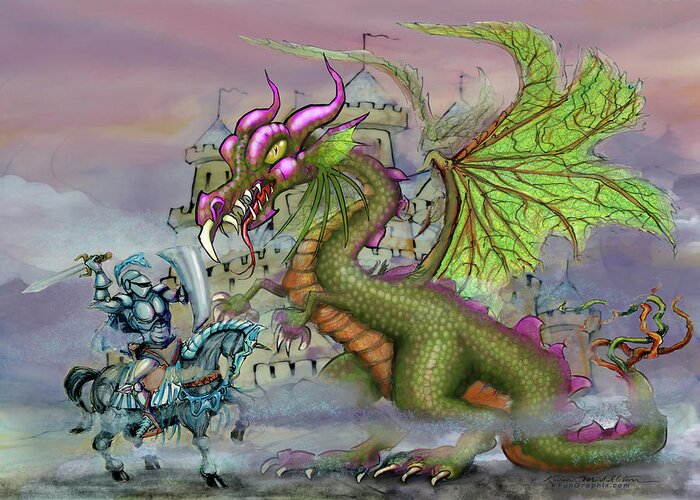 Knight Greeting Card featuring the digital art Knight n Dragon n Castle by Kevin Middleton