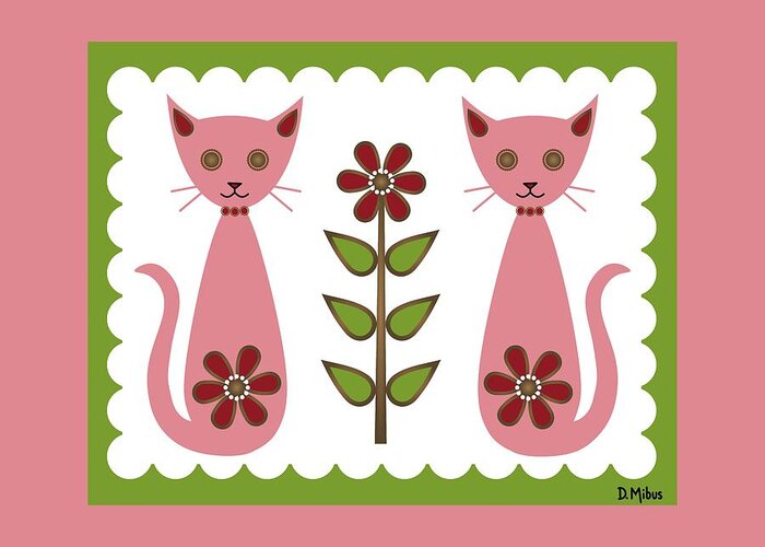Mid Century Cat Greeting Card featuring the digital art Bejeweled Cat 1 by Donna Mibus