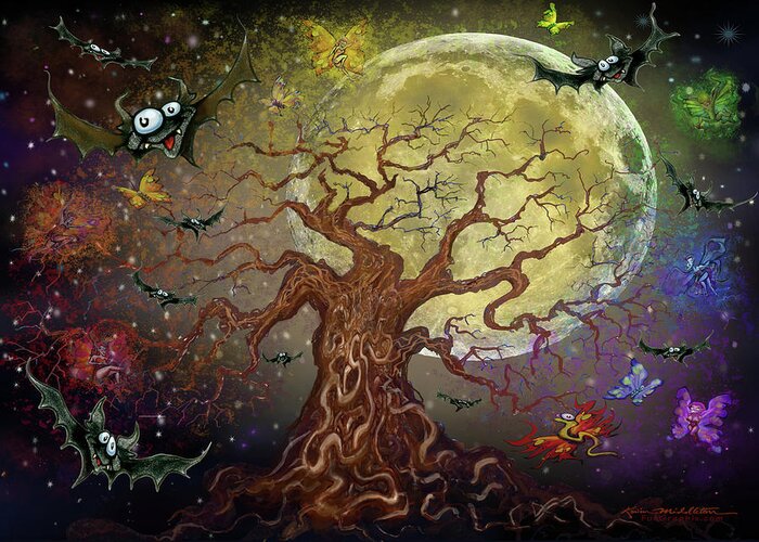 Tree Greeting Card featuring the digital art Twisted Tree w Bats n Pixies by Kevin Middleton