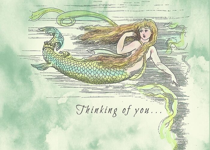 Mermaid Greeting Card featuring the mixed media Beautiful Vintage Mermaid Queen by Shelli Fitzpatrick