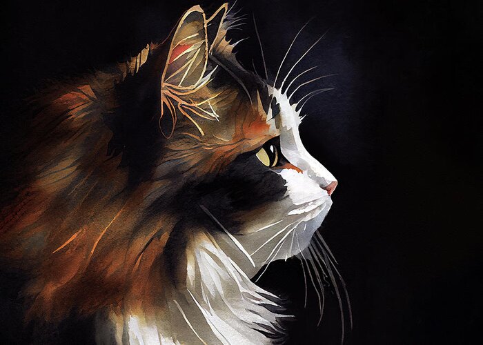 Calico Cat Greeting Card featuring the digital art Sweet Calico Cat In Profile by Mark Tisdale