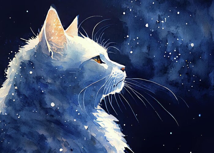 Animals Greeting Card featuring the digital art One With the Cosmos - White Cat by Mark Tisdale