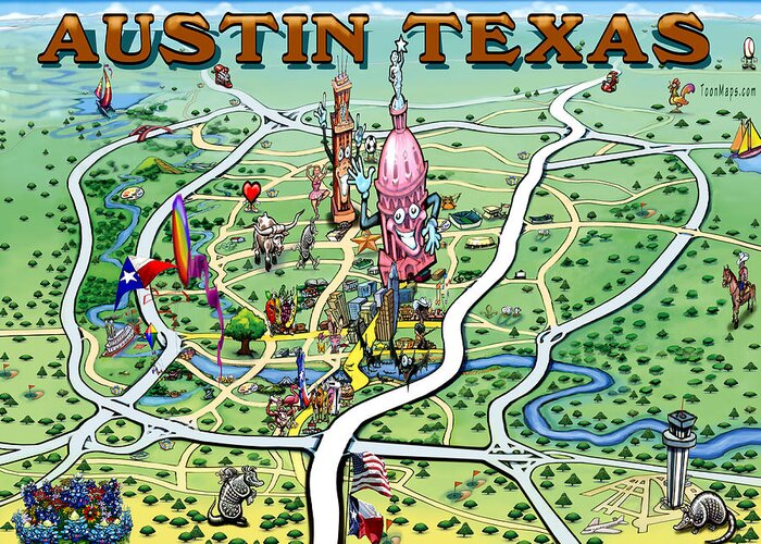Austin Greeting Card featuring the painting Austin Texas Fun Map by Kevin Middleton