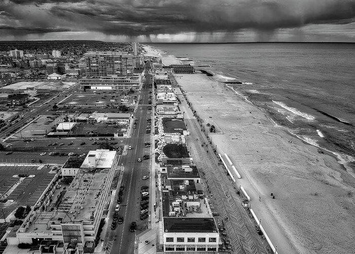 Asbury Park Greeting Card featuring the photograph Asbury Park Boardwalk Aerial NJ BW by Susan Candelario