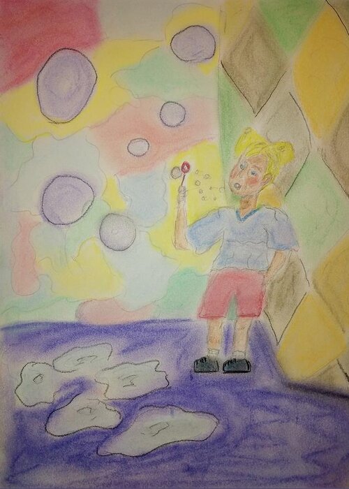Child Greeting Card featuring the pastel Ashley Blowing Bubbles by Suzanne Berthier