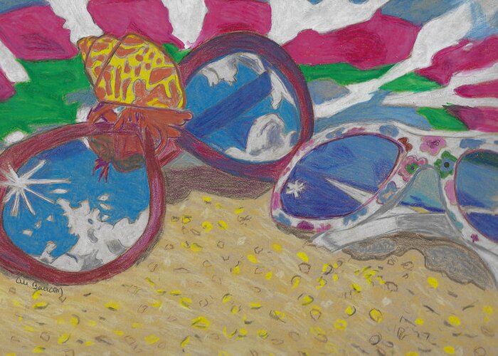 Beach Greeting Card featuring the drawing At the Beach Sunglasses Lying on the Sand with a Hermit Crab and Beach Towel by Ali Baucom