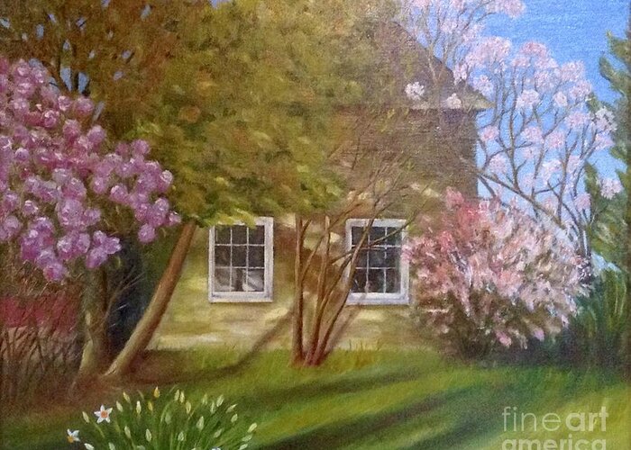 Spring Greeting Card featuring the painting At the End of the Road by Lynda Evans