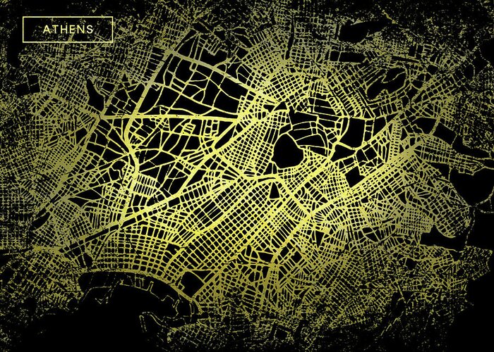 Map Greeting Card featuring the digital art Athens Map in Gold and Black by Sambel Pedes