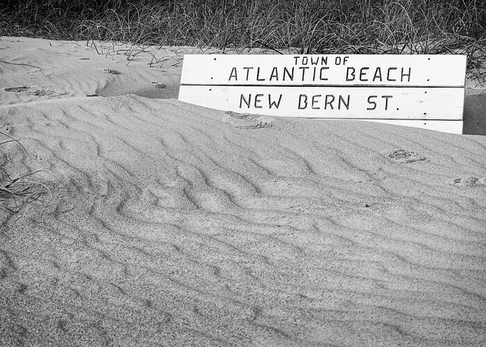 Atlantic Beach Greeting Card featuring the photograph Atlantic Beach Bench Partially Covered by Bob Decker