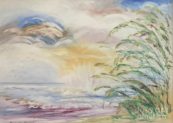 Oil Painting Greeting Card featuring the painting Impressionistic Seascape Oil Painting of Atlantic Sea Oats by Catherine Ludwig Donleycott