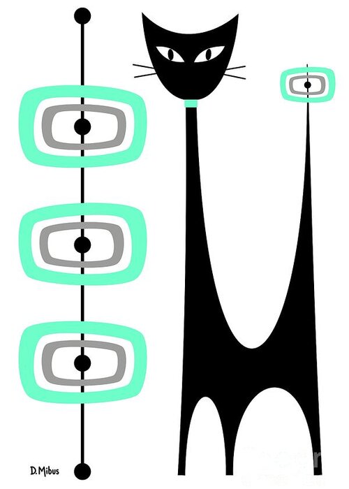 Mid Century Modern Greeting Card featuring the digital art Atomic Cat Green and Gray by Donna Mibus