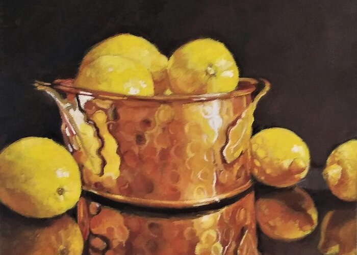 Copper Pot Greeting Card featuring the painting Atomic Number 29 With Lemons by Jean Cormier