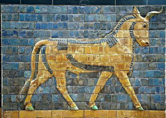 Auroch Greeting Card featuring the photograph Aurochs glazed panel from the Ishtar Gate - Babylon 575 BC - Istanbul Archseological Museum by Paul E Williams