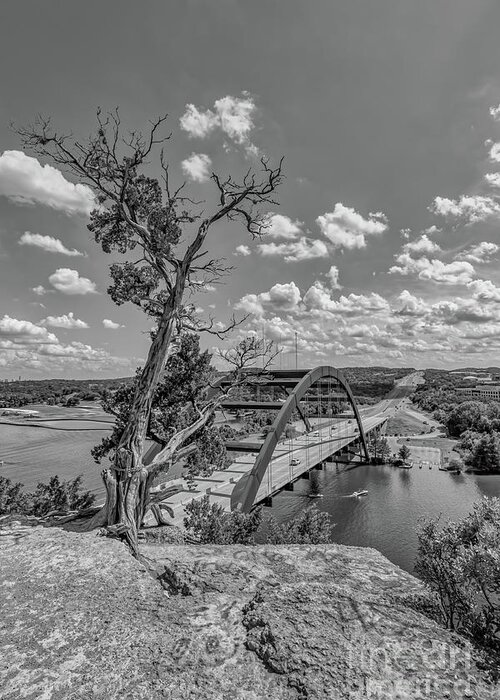 Texas Greeting Card featuring the photograph Austin Pennybacker Overlook Vertical B W by Bee Creek Photography - Tod and Cynthia