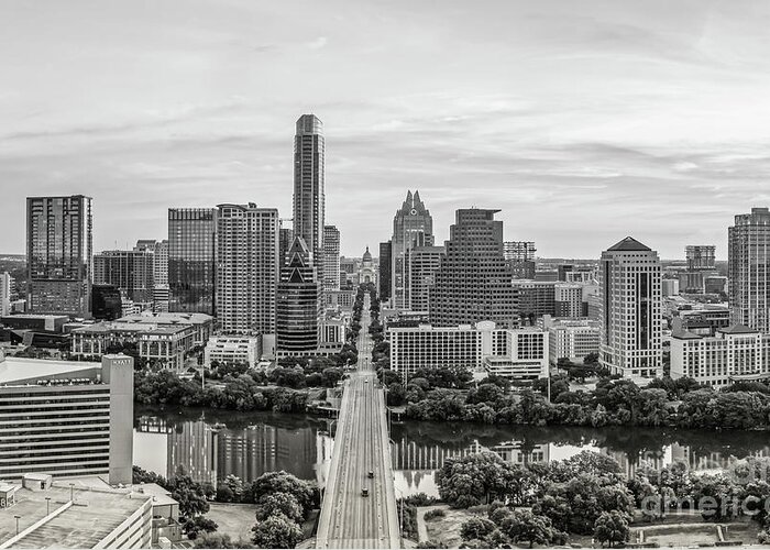 Austin Skyline Greeting Card featuring the photograph Austin Skyline Sunrise BW by Bee Creek Photography - Tod and Cynthia