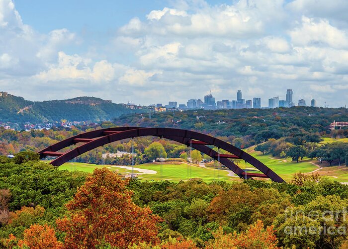 Austin Pennybacker Bridge Greeting Card featuring the photograph Austin Texas Images - Fall Colors at Pennybacker Bridge by Bee Creek Photography - Tod and Cynthia
