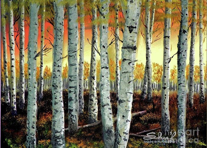 Landscape Greeting Card featuring the painting Autumn Aspens Dark by Sherril Porter