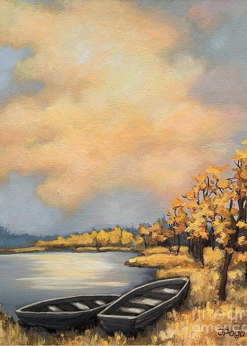 Sunset Greeting Card featuring the painting Autumn boats by Inese Poga