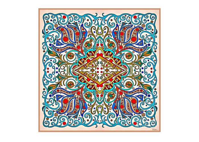 Orange And Brown Diamond Greeting Card featuring the mixed media Autumn Colored Diamond with Turquoise and Red Border Design by Lise Winne