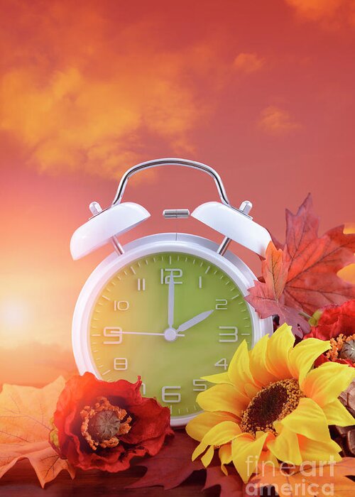 Clock Greeting Card featuring the photograph Autumn Fall Daylight Saving Time Clock Concept by Milleflore Images