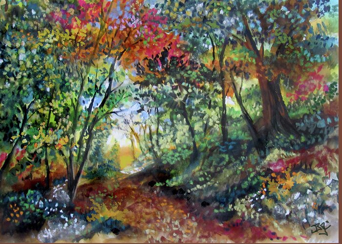 Colorful Autumn Landscape Greeting Card featuring the painting Autumn Forest path by Jean Batzell Fitzgerald