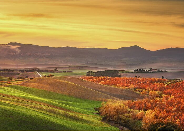 Autumn Greeting Card featuring the photograph Autumn in Tuscany, rolling hills and woods. Santa Luce by Stefano Orazzini