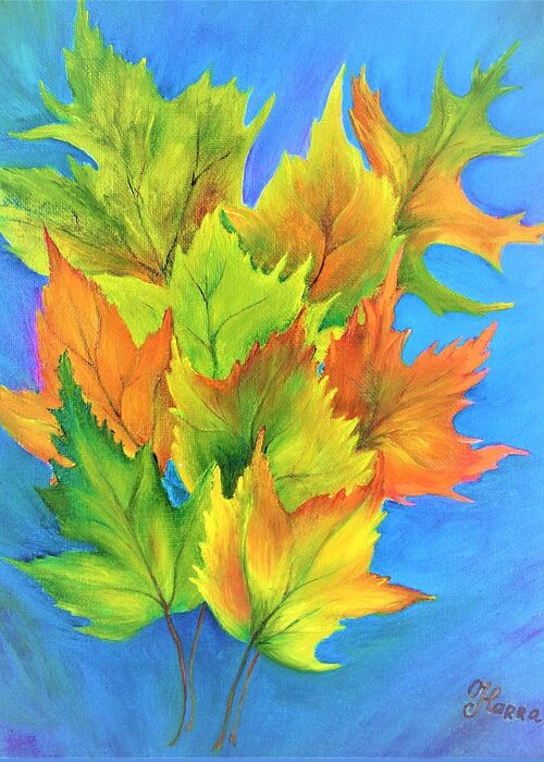 Wall Art Home Decor Autumn Leaves Yellow Leaves Yellow And Blue Oil Painting Gift Autumn Art Original Oil Painting Art Gallery Wall Decoration Greeting Card featuring the painting Autumn Leaves by Tanya Harr