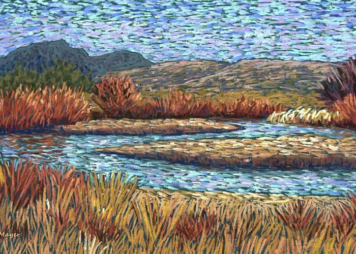 Landscape Greeting Card featuring the pastel Autumn on the River by Candy Mayer