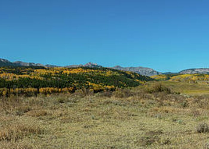 Aspens Greeting Card featuring the photograph Autumn Rocky Mountain Ranch Panorama 2 by Ron Long Ltd Photography