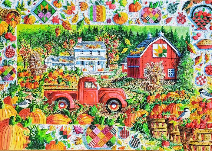 Autumn Greeting Card featuring the painting Autumn Red Truck and Barn by Diane Phalen
