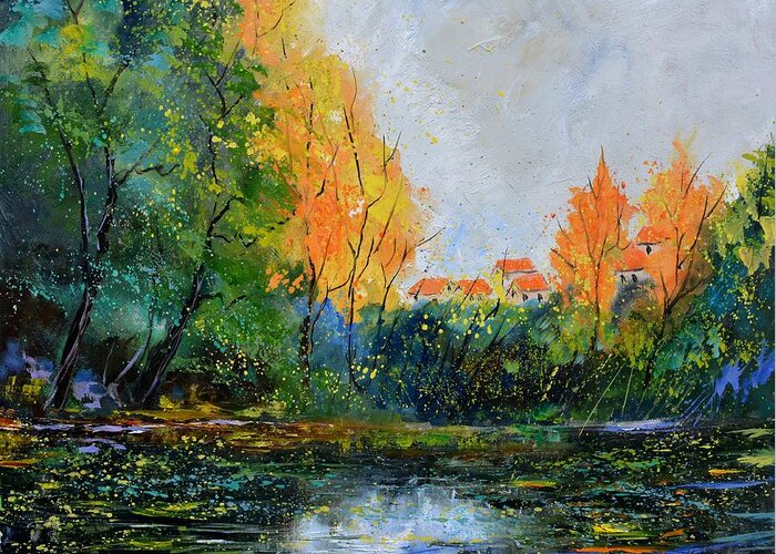 Landscape Greeting Card featuring the painting Autumnal quiet waters by Pol Ledent