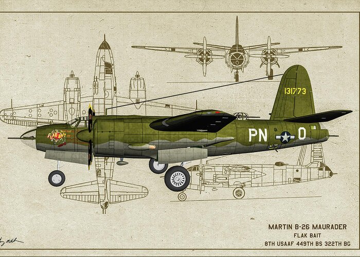 Martin B-26 Marauder Greeting Card featuring the photograph B-26 Flak Bait Profile Art by Tommy Anderson