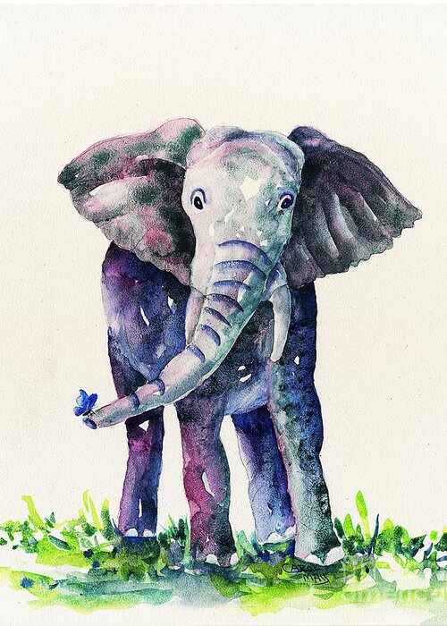 Wildlife Greeting Card featuring the painting Baby Elephant and Butterfly by Art by Carol May